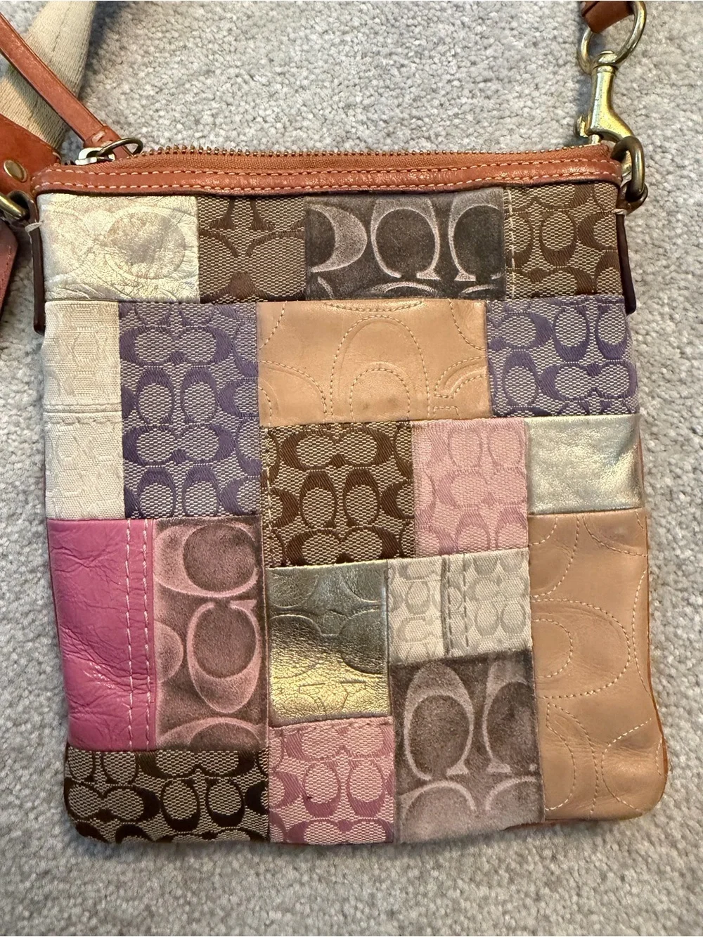 Coach Multicolor Patchwork Signature Crossbody - Pink, Purple, Tan & Brown